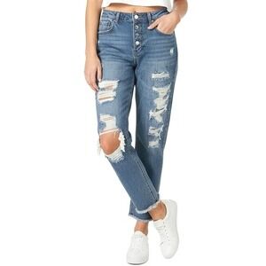 Vanilla Star Blue 90s Boyfriend Jeans 11 Super High Rise Distressed Raw Hem NEW‎